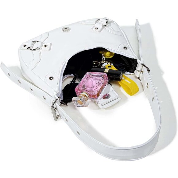 Women's Studded PU Leather Tote Handbag Adjustable Strap Boho Bags -White - Picture 11 of 11